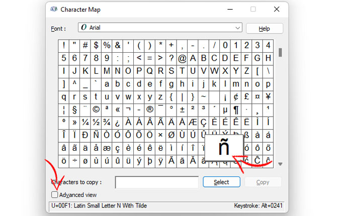 Character Map Enye select
